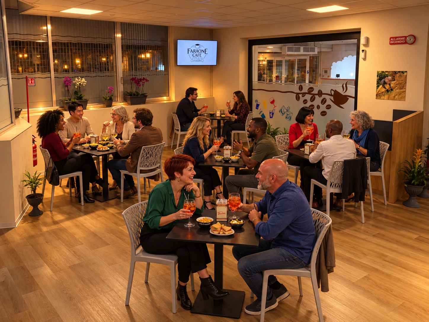 La sala del locale animata da una scena di aperitivo ricreata con AI