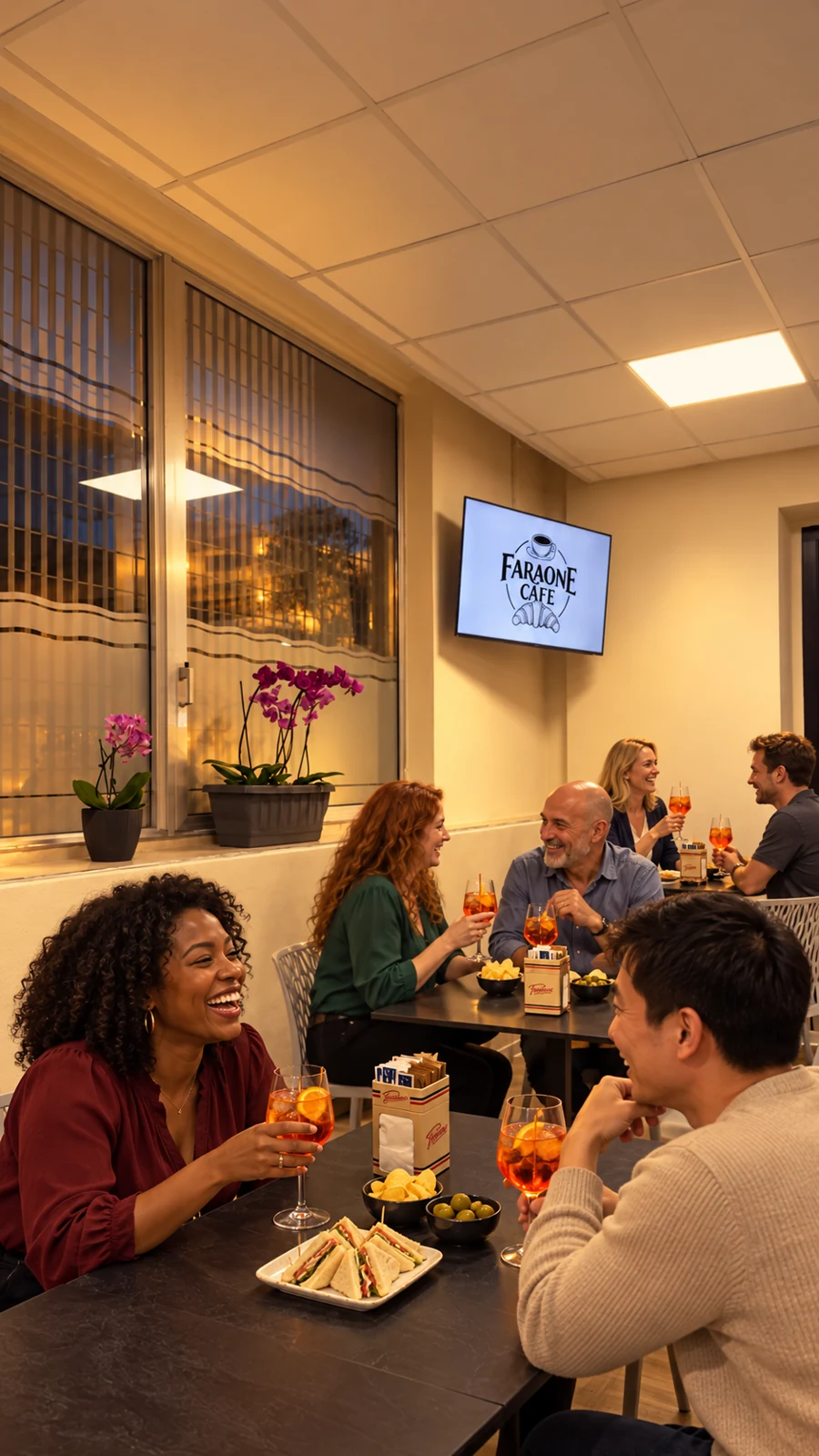 Scena illustrativa AI: amici con aperitivi ai tavolini